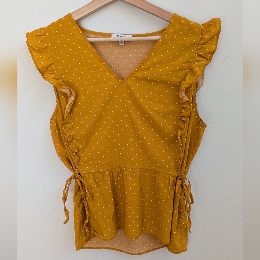 Madewell Mustard Polka Dot Ruffle Sleeve Top Size Medium